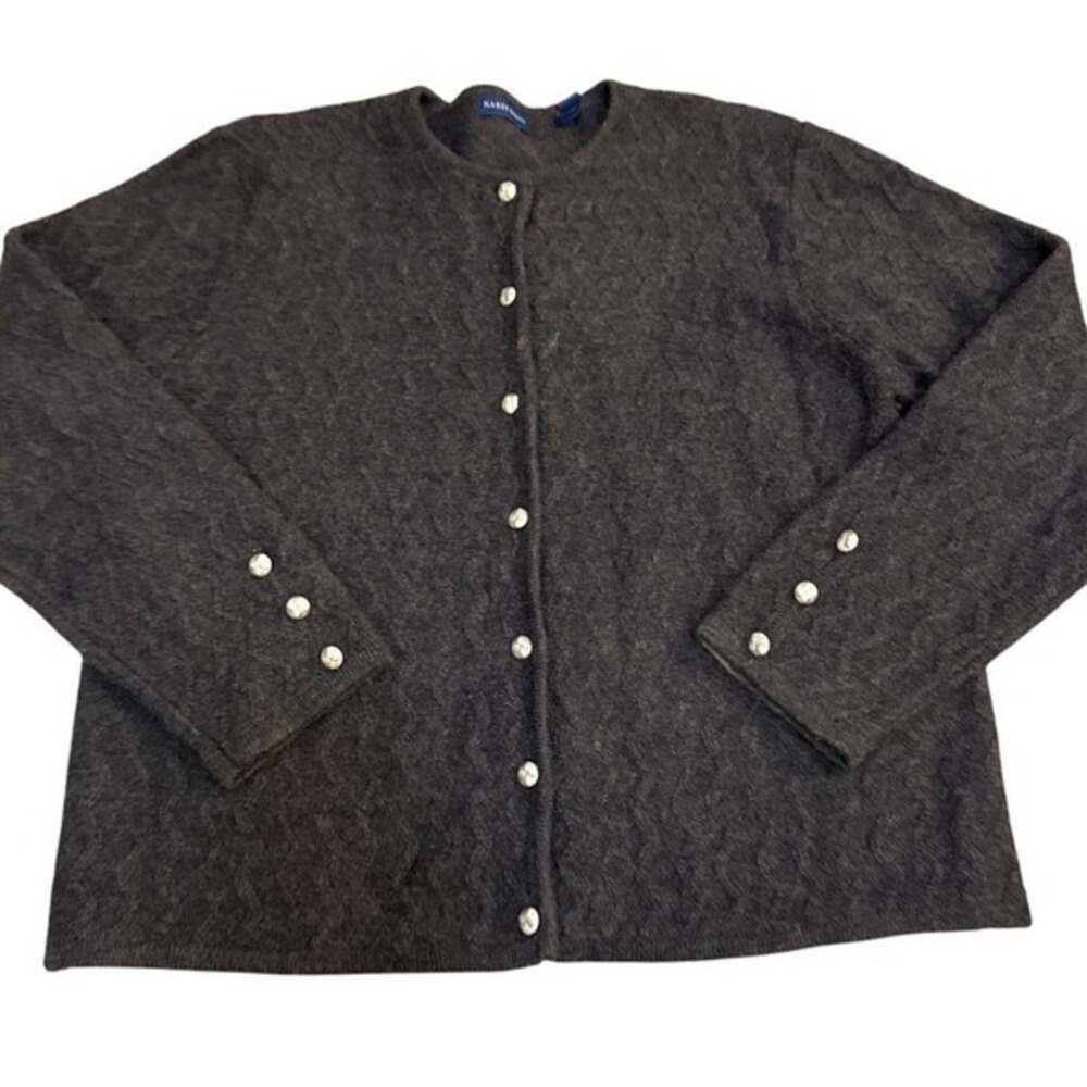 Karen Scott Classic 100% Wool Cardigan Sweater Silver Buttons XL Charcoal Grey